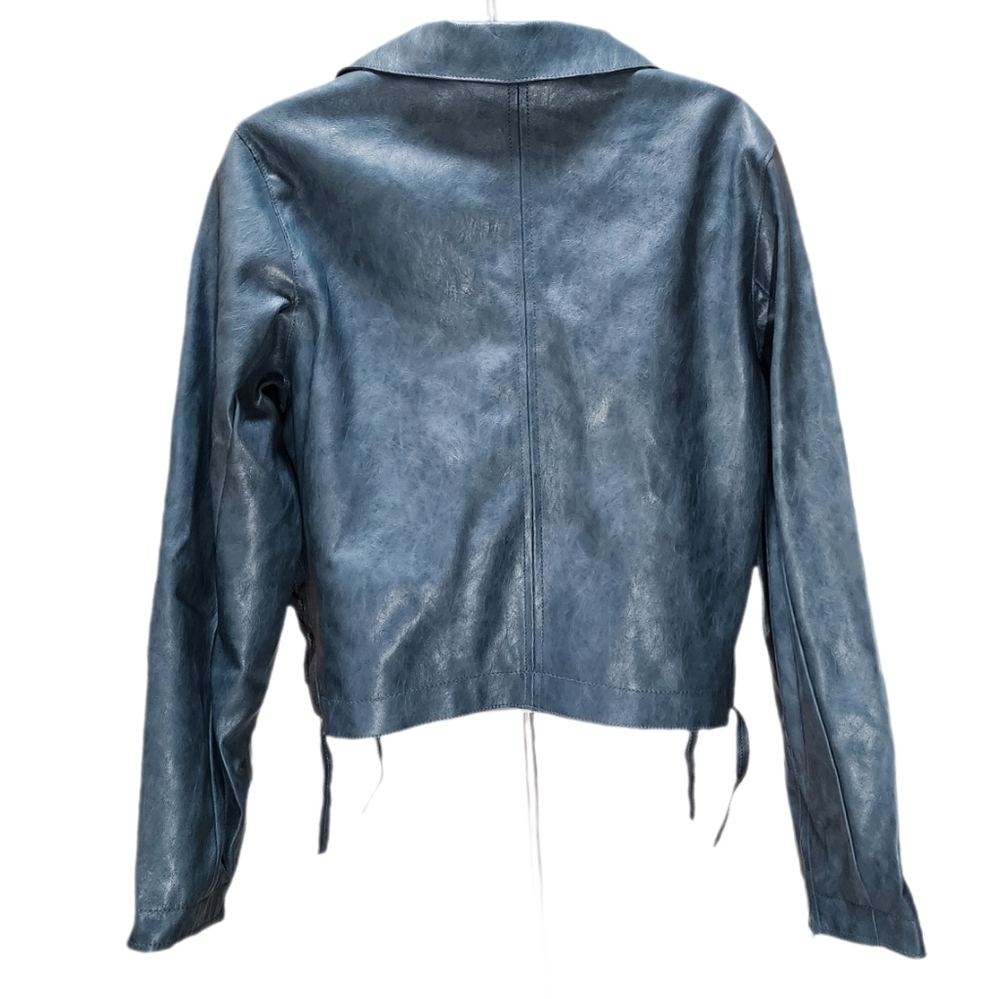 Democracy Long Sleeve Faux Leather Cropped Button Front Lace-Up Jacket Green S - Picture 2 of 11